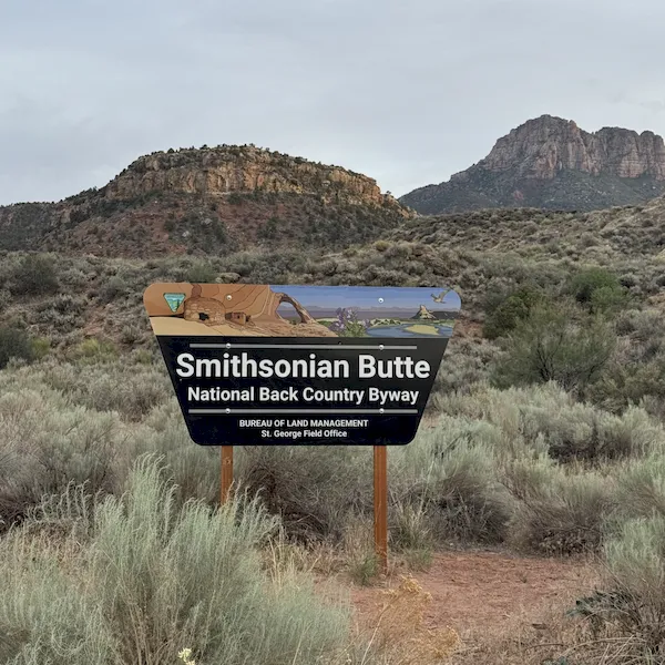 Smithsonian Butte National Back Country Byway sign from the Bureau of Land Management in a desert with mountains.