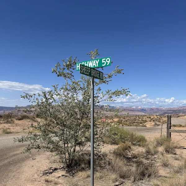 An image of a green road sign in a desert outlining directional information at the intersection of Highway 59 and Sheep Bridge Road in the Zion National Park area.