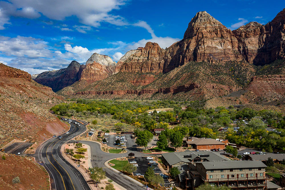 Springdale, Utah seen from up high, including the South Entrance to Zion National Park and the Visitor Center