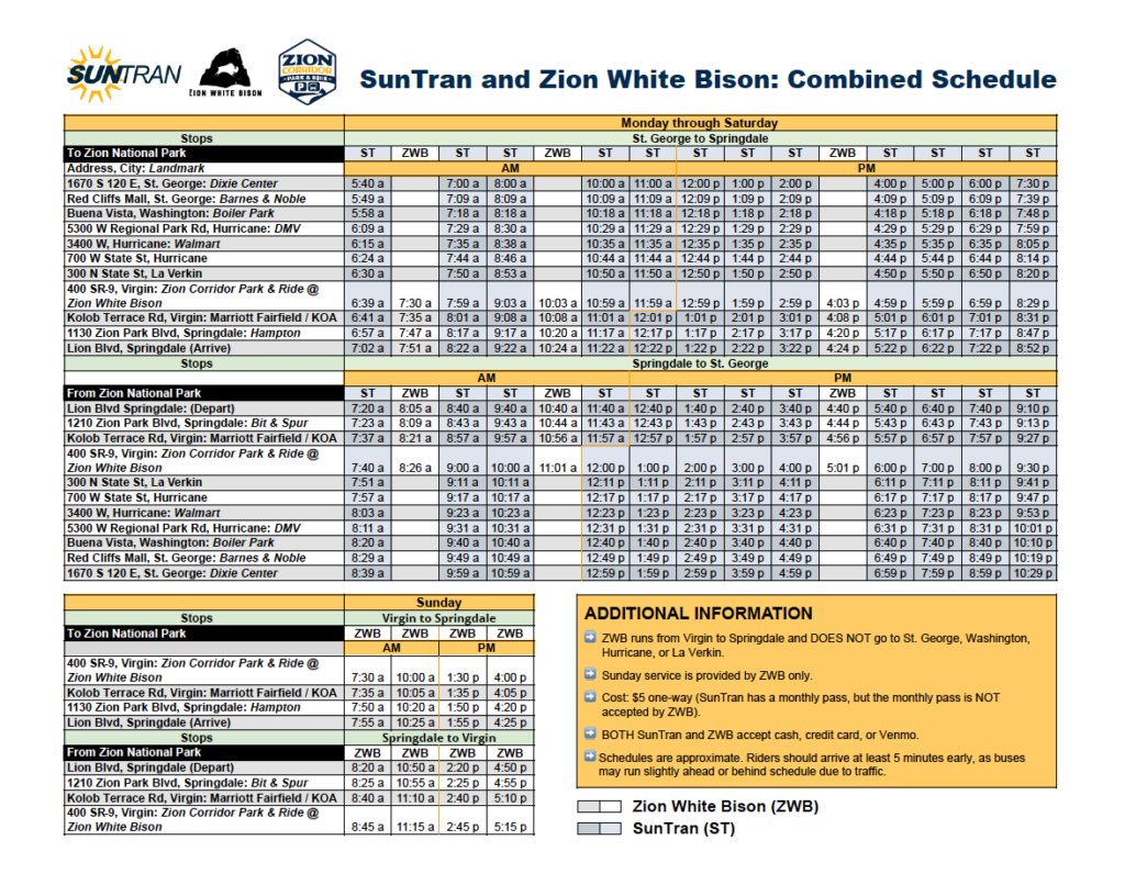 The combined SunTran Bus and Zion White Bison Shuttle Schedule, this image shows that the ZWB shuttle only goes as far as Virgin, while the SunTran bus extends into St. George. Can click to enlarge.