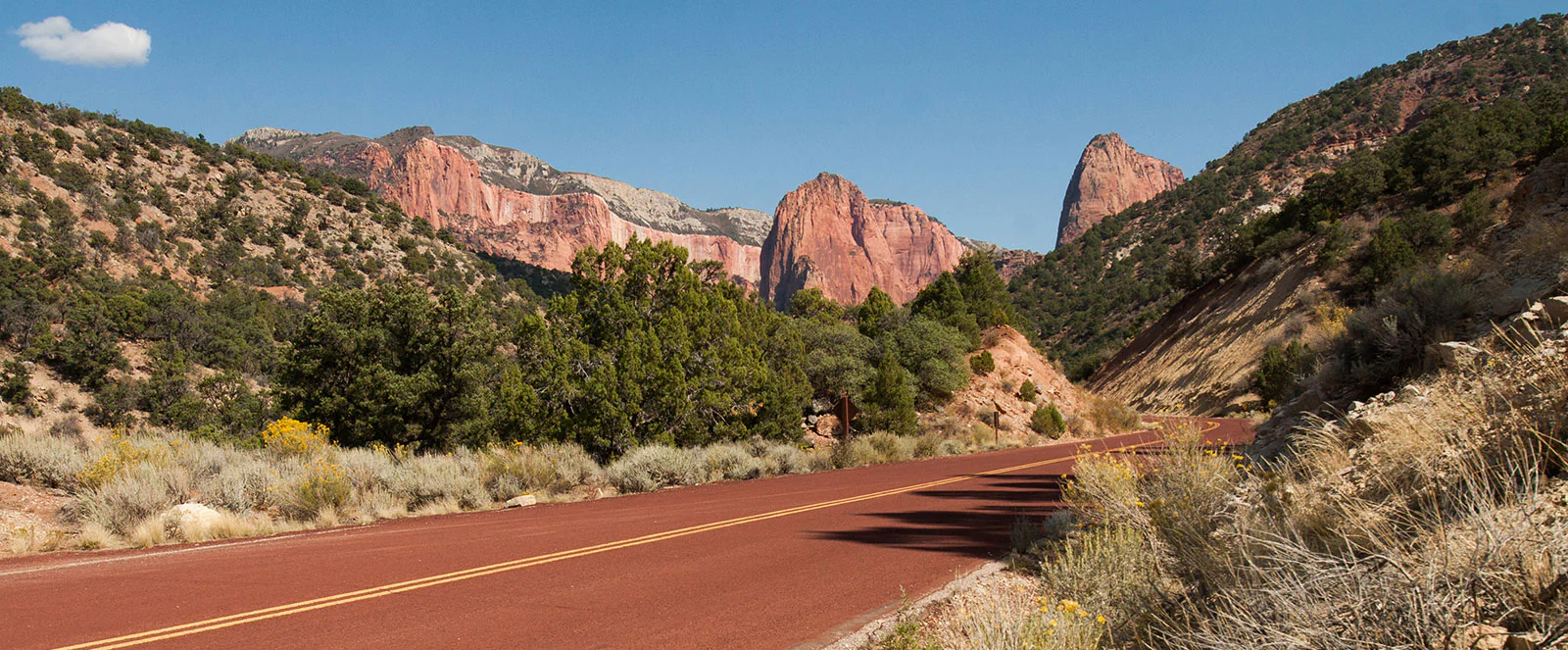Red road winding through desert landscape with rocky mountains and trees