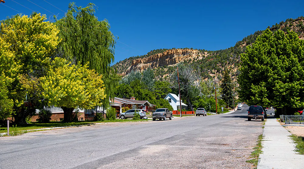 Glendale, Utah and looking at some green trees along road