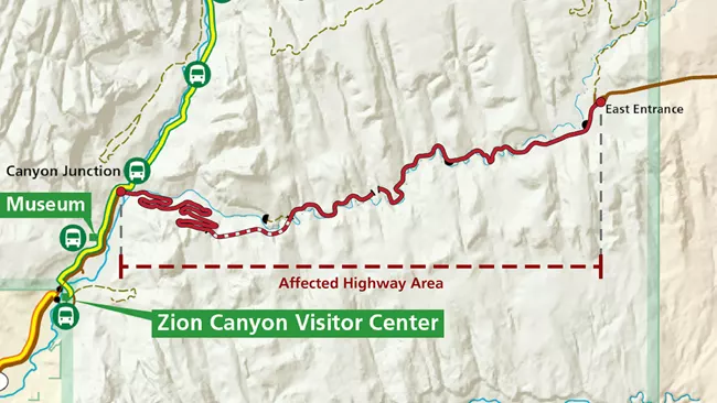 Map of Zion-Mt Carmel Highway that has the restrictions on large vehicles.