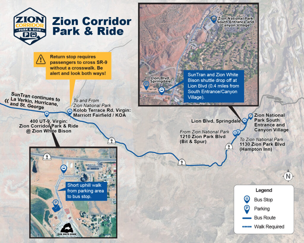 Map of the route and stops from Virgin to Springdale, UT, showing the stops and walking portions of someone's journey when they take the SunTran bus or Zion White Bison shuttle from the new Zion Corridor Park & Ride.