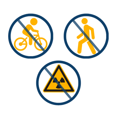 Graphic of person walking, biking and hazardous waste symbol with line through illustrations, showing no walking, biking or hazardous waste allowed in the tunnel.