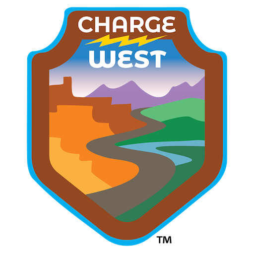 Charge West™ logo, resembling a shield with a scenic road illustration within.