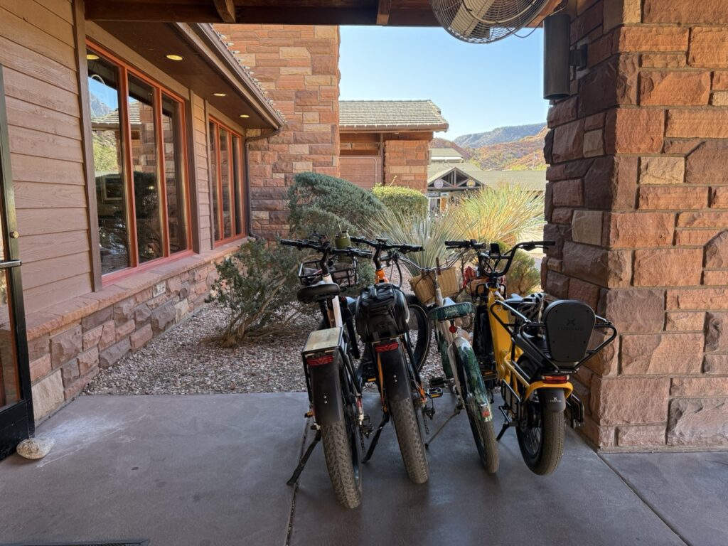 Bikes sit parked outside a business in Zion Canyon Village.