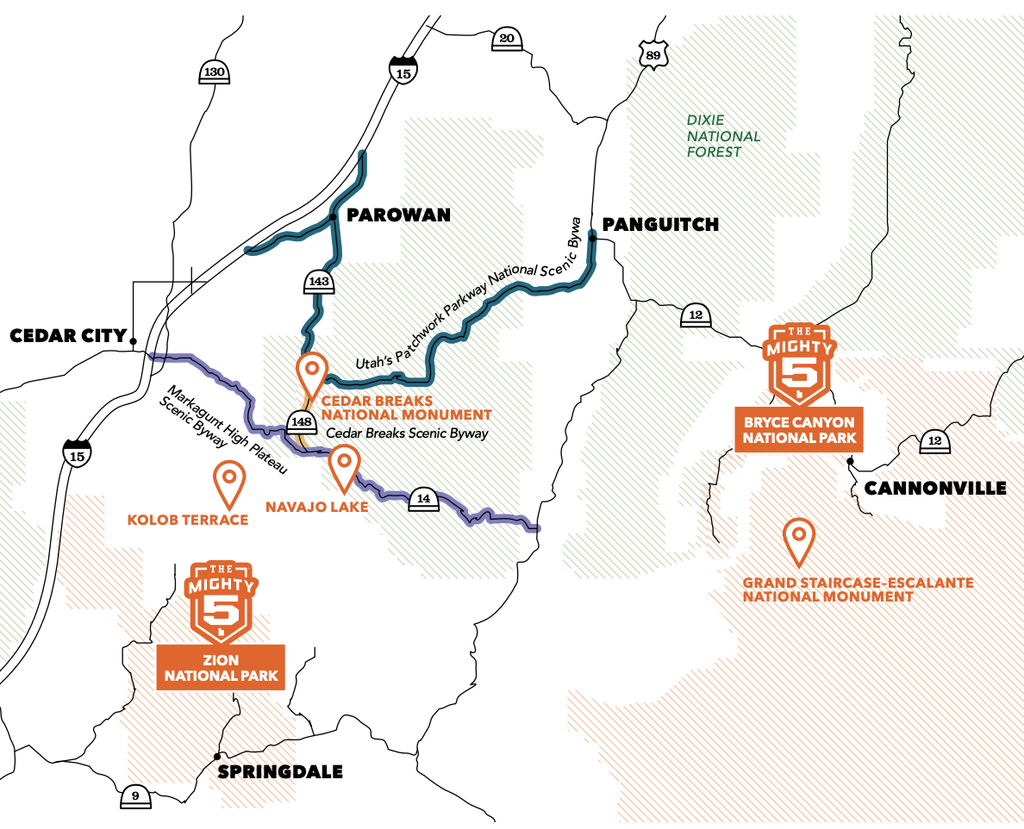 A map from page 36 of Visit Utah's Guide to Scenic Byways. For a downloadable version, visit, https://www.visitutah.com/getmedia/27fcaf8e-797e-468e-8a78-0919806f7ecb/uot17_scenic-byways-guide.pdf